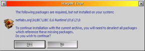 If your system is missing a required component, WarpIn will issue a warning (click image to enlarge)